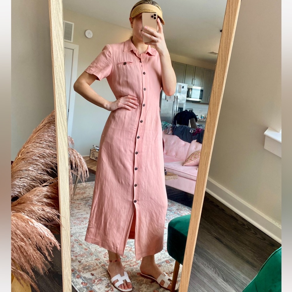 Vintage linen pink summer dress button down midi